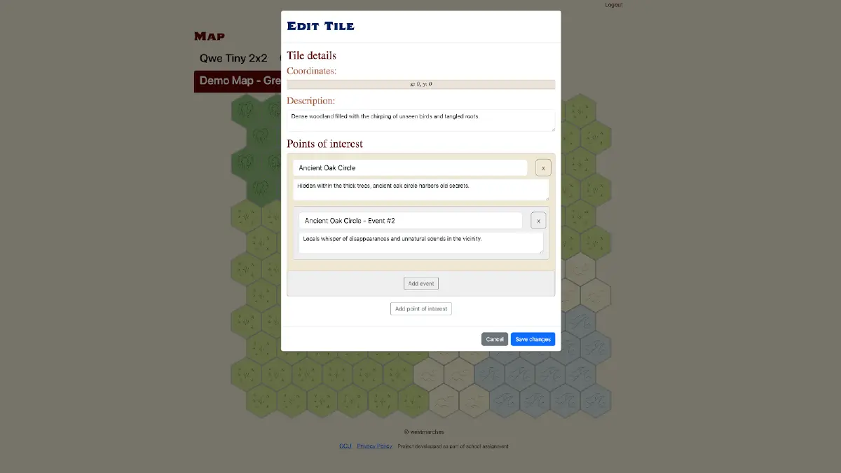 West Marches map with a dialog for editing a hex, its points of interest and events